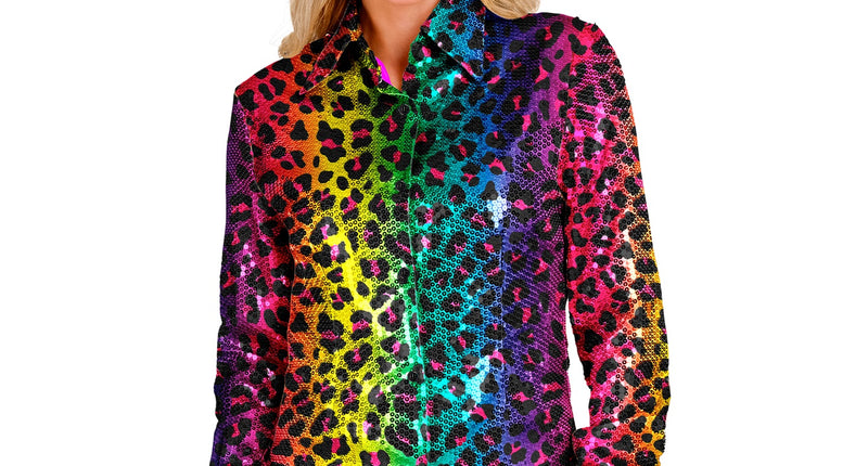e-carnavalskleding-SYK Paillettenshirt dames regenboog luipaard