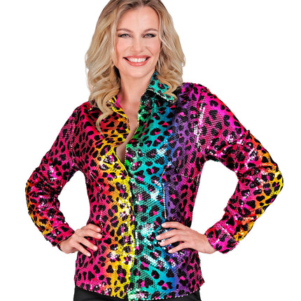 e-carnavalskleding-SYK Paillettenshirt dames regenboog luipaard