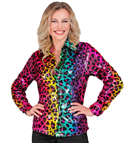e-carnavalskleding-SYK Paillettenshirt dames regenboog luipaard