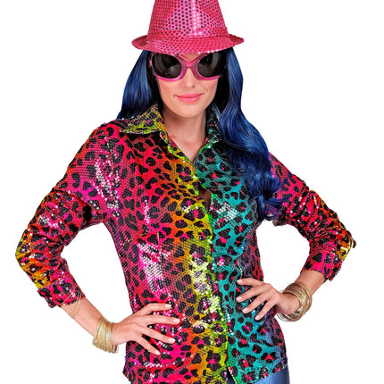 e-carnavalskleding-SYK Paillettenshirt dames regenboog luipaard