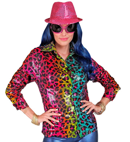 e-carnavalskleding-SYK Paillettenshirt dames regenboog luipaard