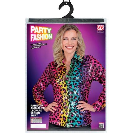 e-carnavalskleding-SYK Paillettenshirt dames regenboog luipaard