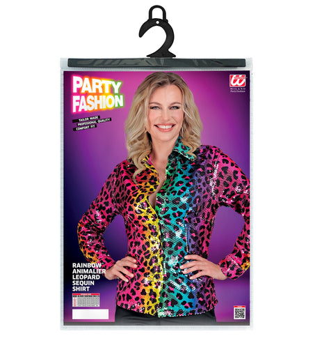 e-carnavalskleding-SYK Paillettenshirt dames regenboog luipaard