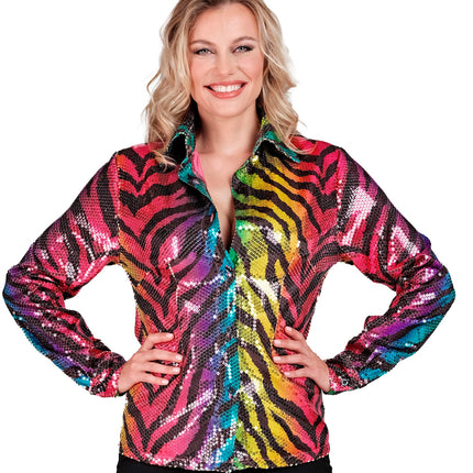 e-carnavalskleding-SYK Paillettenshirt dames regenboog tijger