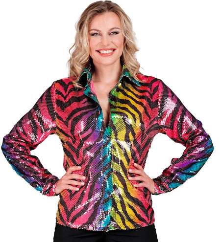 e-carnavalskleding-SYK Paillettenshirt dames regenboog tijger