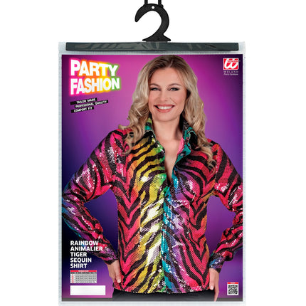 e-carnavalskleding-SYK Paillettenshirt dames regenboog tijger
