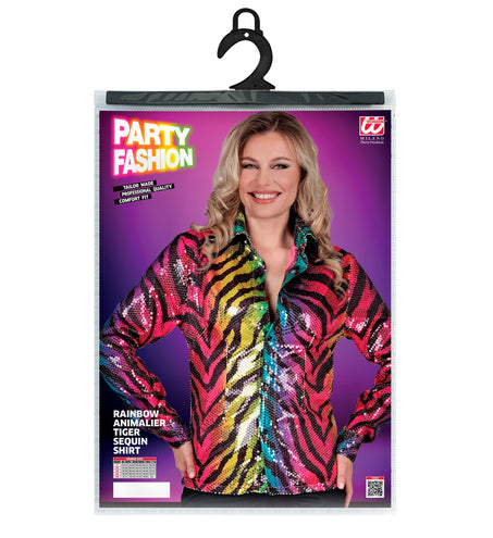 e-carnavalskleding-SYK Paillettenshirt dames regenboog tijger