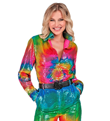 e-carnavalskleding-SYK Paillettenshirt dames tie dye meerkleurig