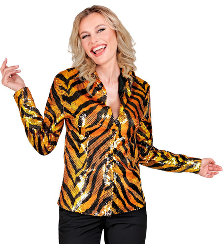 e-carnavalskleding-SYK Paillettenshirt dames tijger