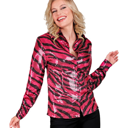 e-carnavalskleding-SYK Paillettenshirt dames zebra pink