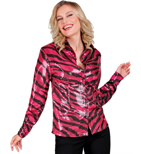e-carnavalskleding-SYK Paillettenshirt dames zebra pink