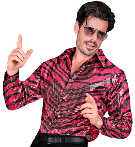 e-carnavalskleding-SYK Paillettenshirt heren zebraprint roze