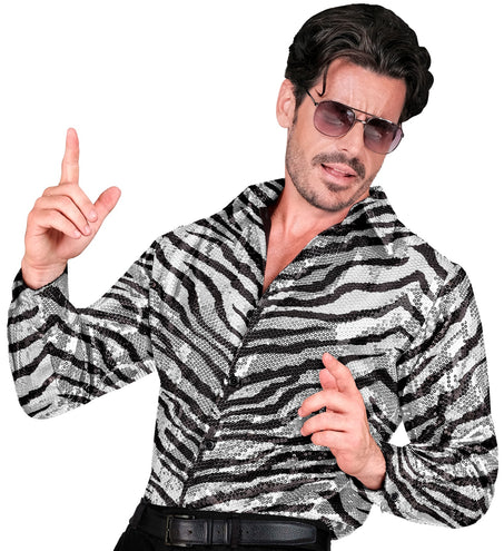 e-carnavalskleding-SYK Paillettenshirt zebra heren zwart/wit