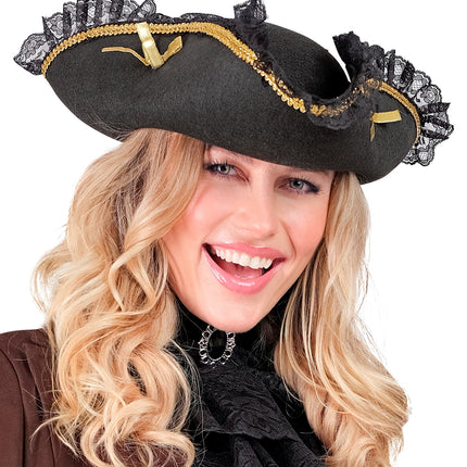 e-carnavalskleding-SYK Piraten tricorn met gouden decoratie en kant