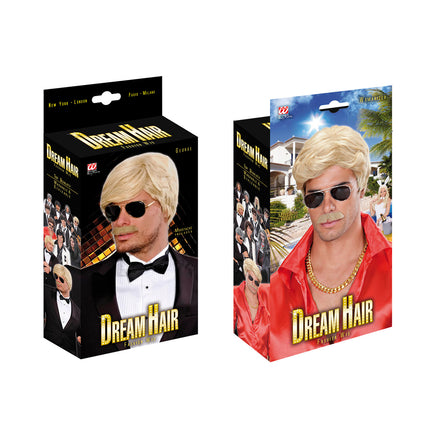 e-carnavalskleding-SYK pruik droomhaar playboy met snor blond