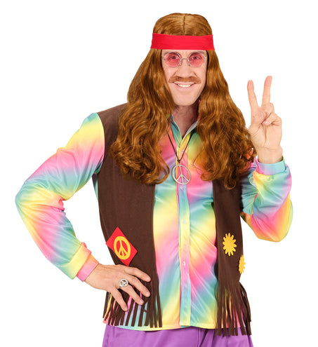 e-carnavalskleding-SYK Pruik, Hippie Met Hoofdband En Snor
