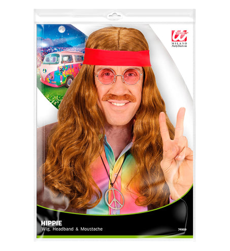 e-carnavalskleding-SYK Pruik, Hippie Met Hoofdband En Snor