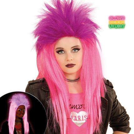 e-carnavalskleding-SYK Pruik kind punk roze en paars