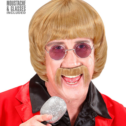 e-carnavalskleding-SYK pruik popster 60s blond met snor en bril