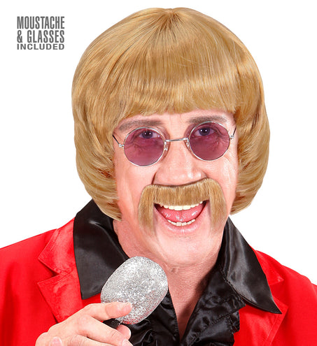 e-carnavalskleding-SYK pruik popster 60s blond met snor en bril