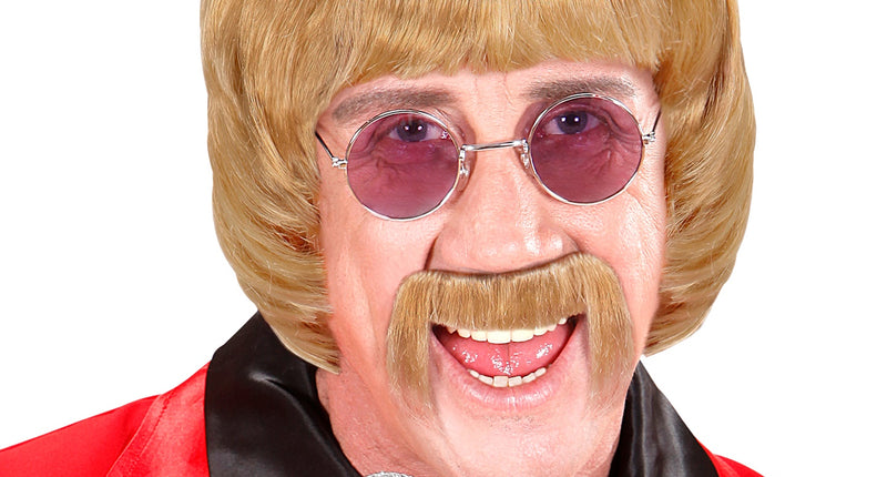 e-carnavalskleding-SYK pruik popster 60s blond met snor en bril
