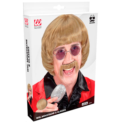 e-carnavalskleding-SYK pruik popster 60s blond met snor en bril