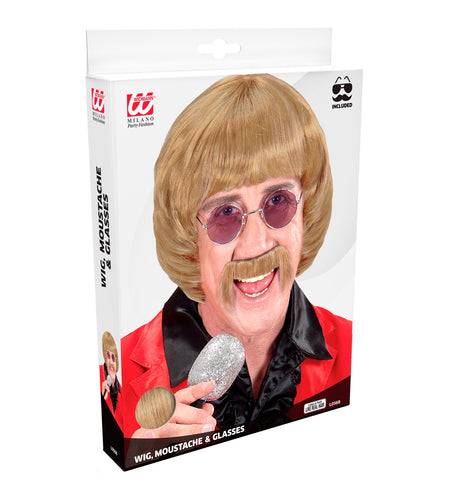 e-carnavalskleding-SYK pruik popster 60s blond met snor en bril