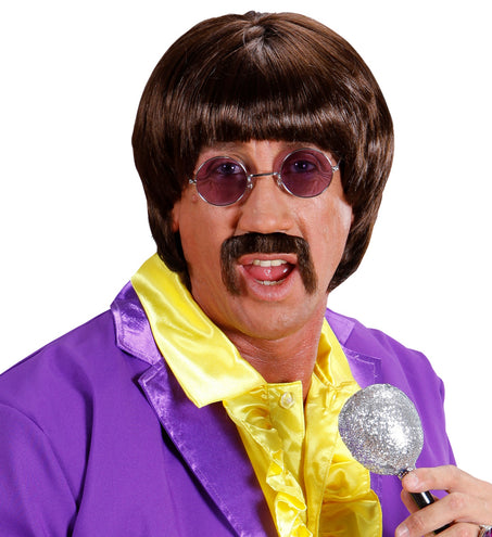 e-carnavalskleding-SYK pruik popster 60s bruin met snor en bril