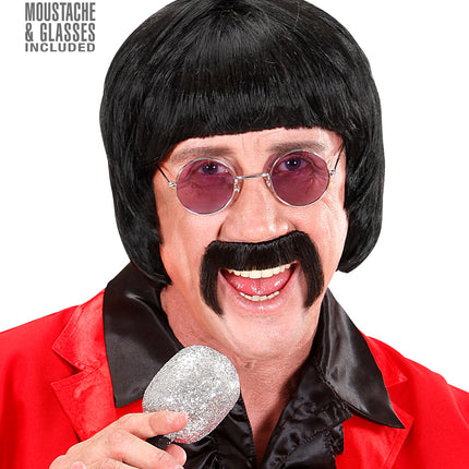 e-carnavalskleding-SYK pruik popster 60s zwart met snor en bril