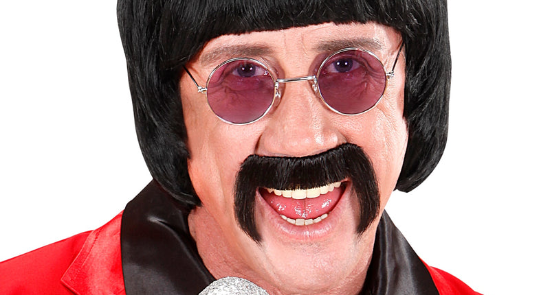 e-carnavalskleding-SYK pruik popster 60s zwart met snor en bril