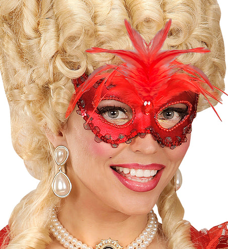 e-carnavalskleding-SYK Rode baronessen oogmaskertjes met veertjes