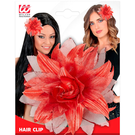 e-carnavalskleding-SYK Rode bloemen haarclip met glitters