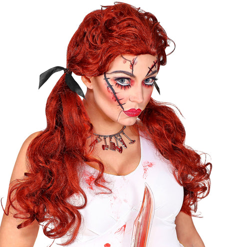 e-carnavalskleding-SYK Rode halloween pruik met twee staartjes
