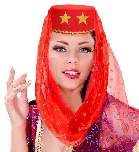 e-carnavalskleding-SYK Rode harem hoed met sluier