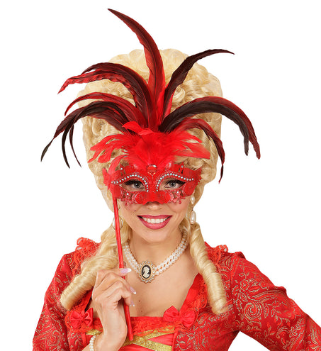 e-carnavalskleding-SYK Rode oogmasker met veren op stokje