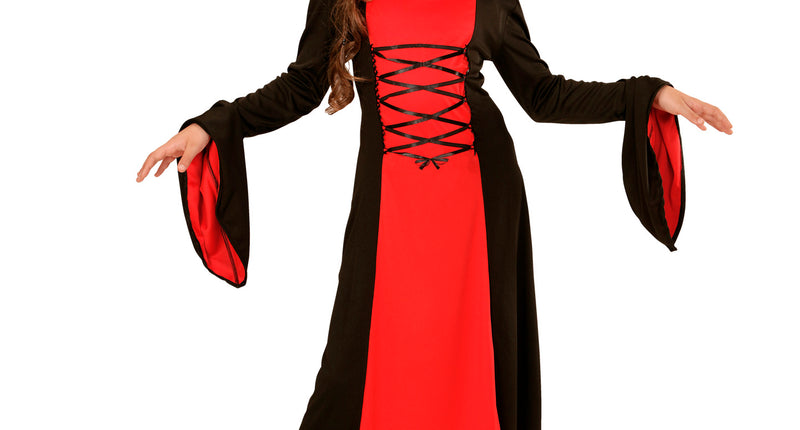e-carnavalskleding-SYK Rood met zwarte Gothic lady jurk voor kids