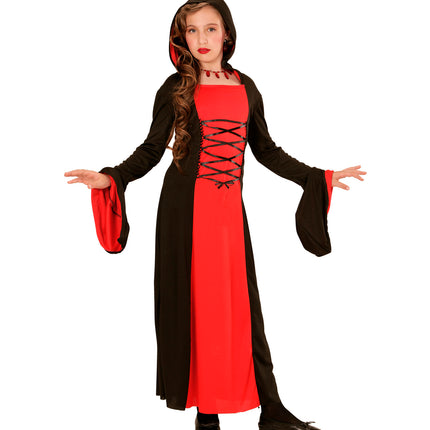 e-carnavalskleding-SYK Rood met zwarte Gothic lady jurk voor kids