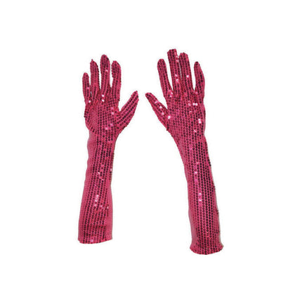 e-carnavalskleding-SYK Roze/ Fuchsia glitter handschoenen met pailletten 45cm