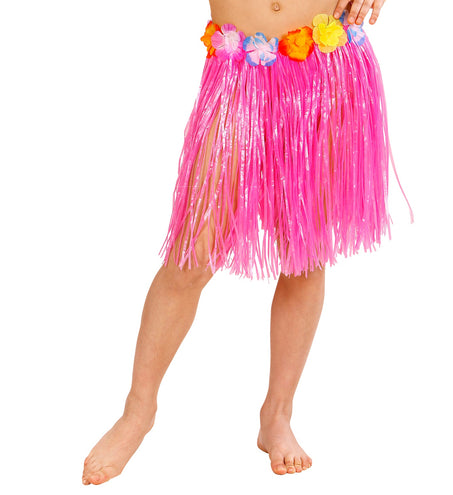 e-carnavalskleding-SYK Roze Hawaiirokje met bloemenriem kind