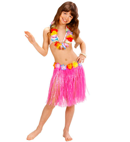 e-carnavalskleding-SYK Roze Hawaiirokje met bloemenriem kind