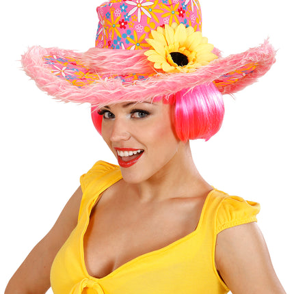 e-carnavalskleding-SYK Roze hoed Ibiza met zonnebloem