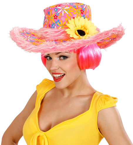 e-carnavalskleding-SYK Roze hoed Ibiza met zonnebloem