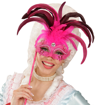 e-carnavalskleding-SYK Roze oogmasker met veren