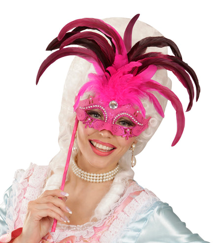 e-carnavalskleding-SYK Roze oogmasker met veren
