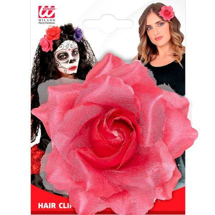 e-carnavalskleding-SYK Roze roos haarclip met glitters