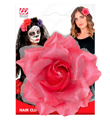 e-carnavalskleding-SYK Roze roos haarclip met glitters