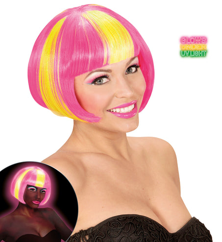 e-carnavalskleding-SYK Roze/gele neon pruik, Valentina