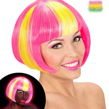 e-carnavalskleding-SYK Roze/gele neon pruik, Valentina