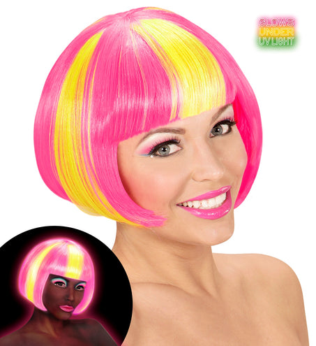 e-carnavalskleding-SYK Roze/gele neon pruik, Valentina