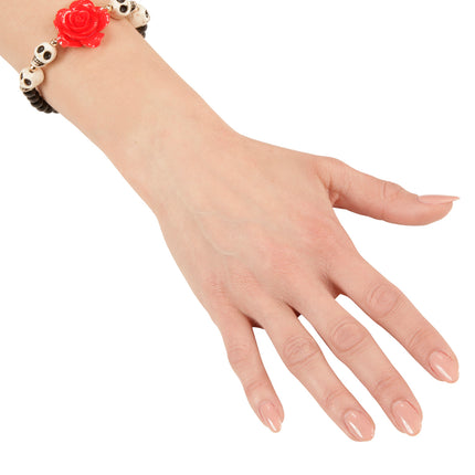 e-carnavalskleding-SYK Schedel armband met rode roos